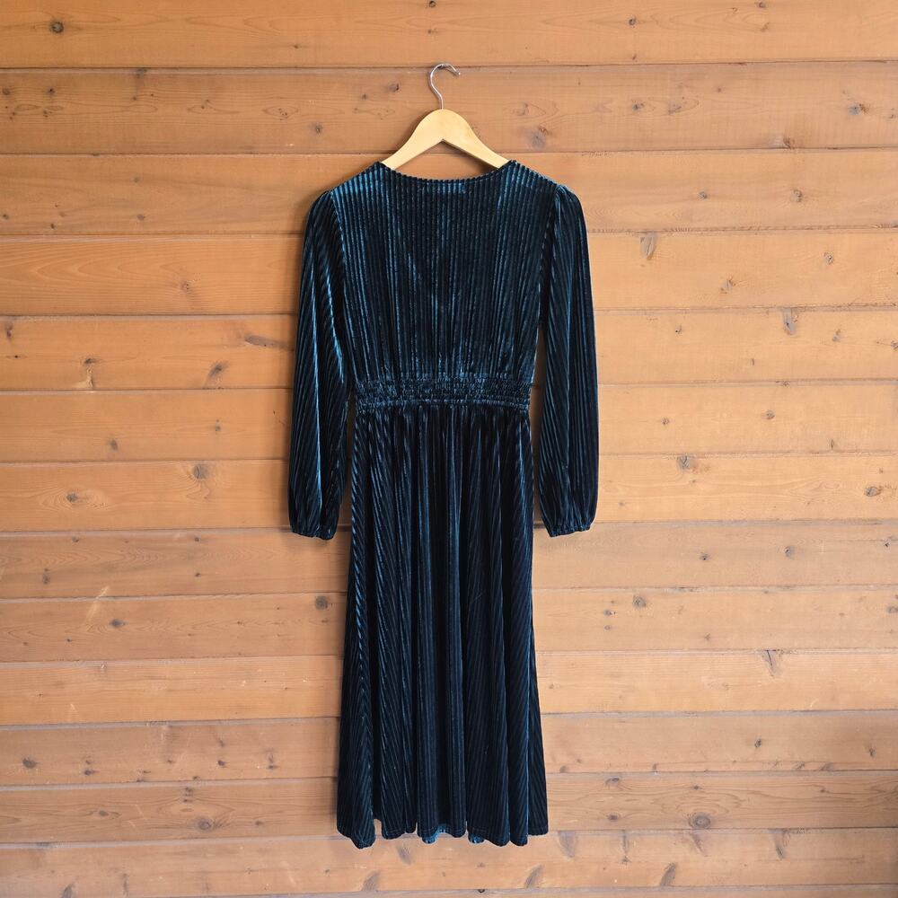 Zesica Velvet Dress Midi Green Vneck Long Sleeve Flowy Boho Bridesmaid Fall - Picture 3 of 6